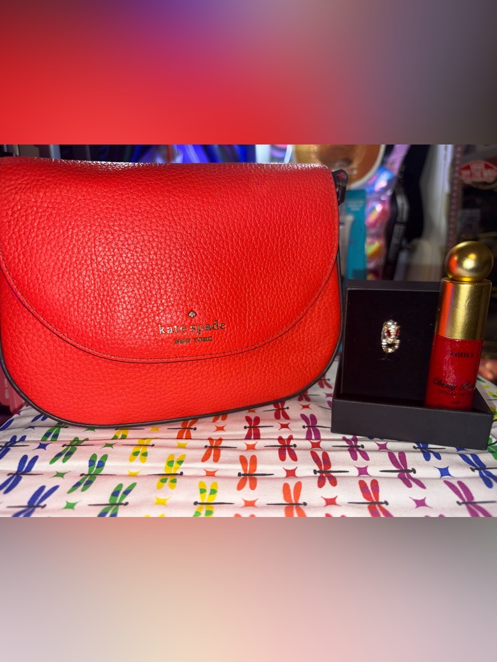 kate spade red pebbled leather flap crossbody Truly luxury lip oil and nwt Ring